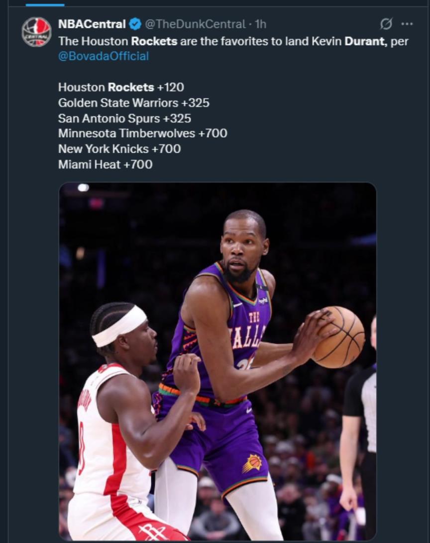 難道說？美媒曬杜蘭特下家賠率，火箭大幅度領(lǐng)跑！